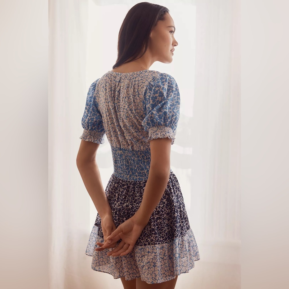 Anthropologie Blue Puff-Sleeve Tiered Mini Dress Size L (item #148) - Picture 7 of 7